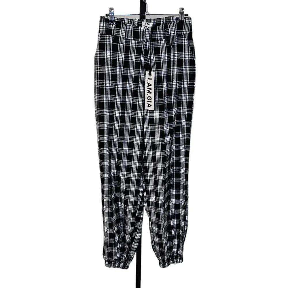 I AM GIA Women's Cobain Pants Size Small  High Rise Plaid Check Jogger NWT